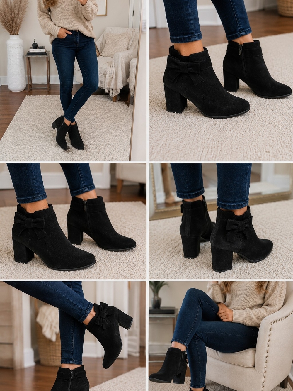Impo Monessa Black Faux Suede Bow Ankle Booties Block Heel Side Zip Women's 7